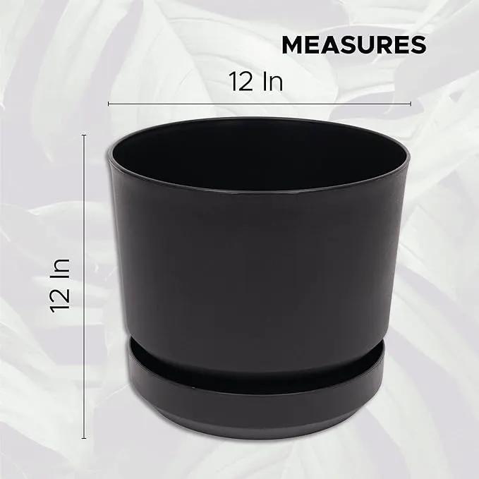 Elly Décor 12 inch Plastic Cylinder Planter Pot with Self-Watering Saucer and Drainage Hole,Lightweight & Extremely Durable, 12"x 12", Black by GreenHaven Gardens