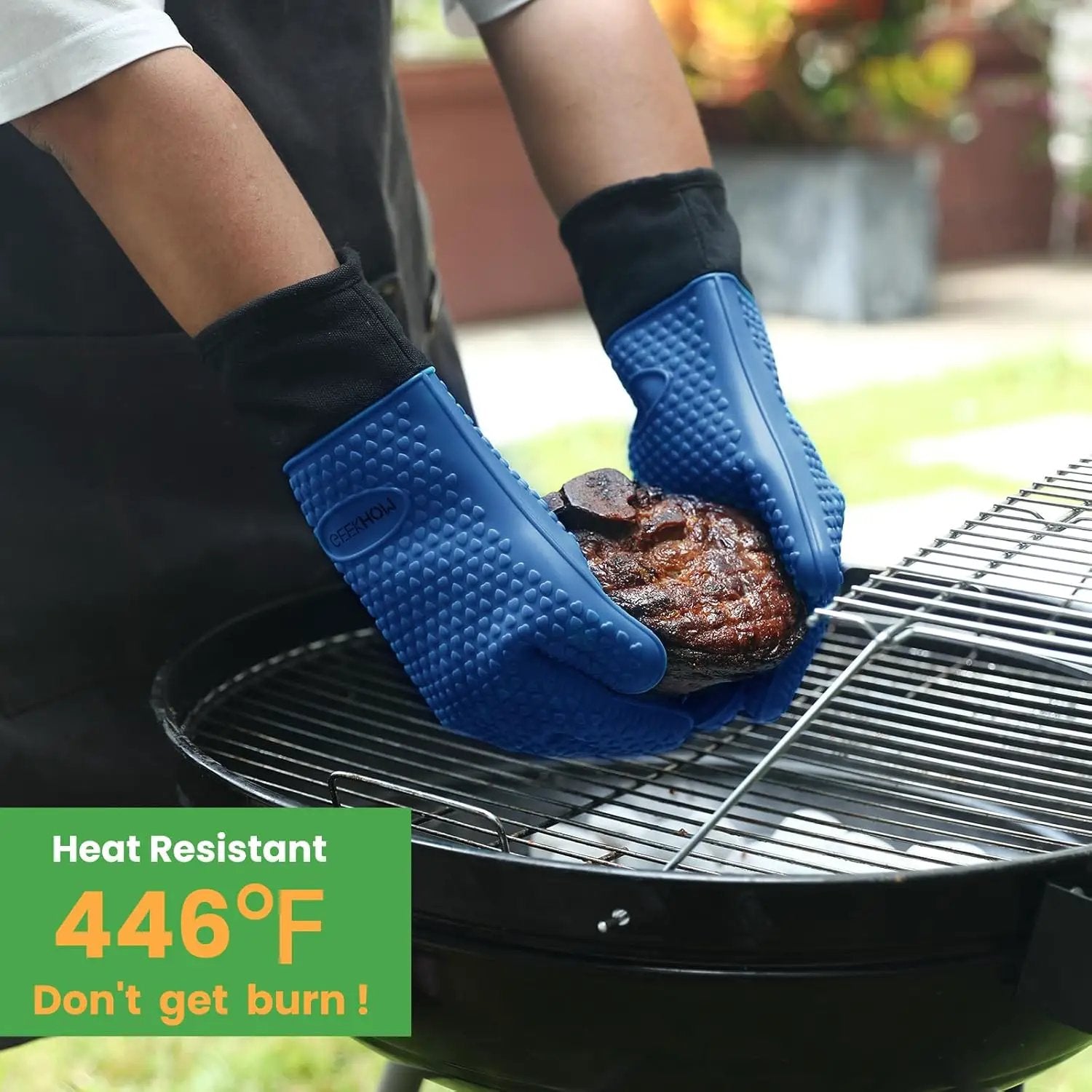 GEEKHOM BBQ Gloves Heat Resistant Oven Mitts - Silicone Grilling Gloves with 13.7" Arm Protection - Waterproof Pot Holder Non-Slip for Men & Women, Kitchen Outdoor Cooking, Baking, Camping, Royal Blue by GreenHaven Gardens