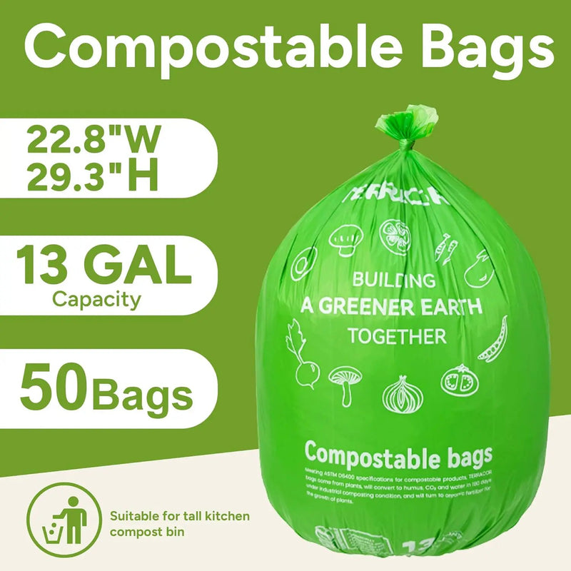 13 Gallon Compostable Trash Bags,50 Count, Heavy Duty Tall Kitchen Food Scrap Waste Bag,Certified BPI and ASTM D6400 Standard by GreenHaven Gardens