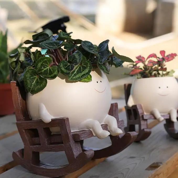 Smily Face Planter Pot Cute Resin Flower Head Planters for Indoor Outdoor Plants Unique Sitting Rocking Chairs Succulent Pots for String of Pearls Plant Live Gift Ideals with Drainage Hole by GreenHaven Gardens