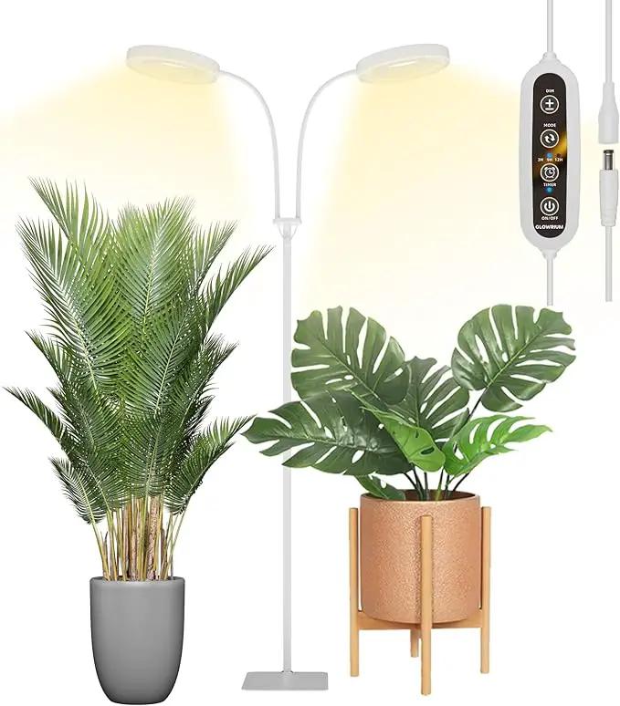 GLOWRIUM Grow Light with Stand,2-Head LED Plant Light for Indoor Plants, Full Spectrum Grow Lamp, 3/9/12H Timer, 6 Dimmable Levels, 3 Lighting Mode, Adjustable Height White by GreenHaven Gardens