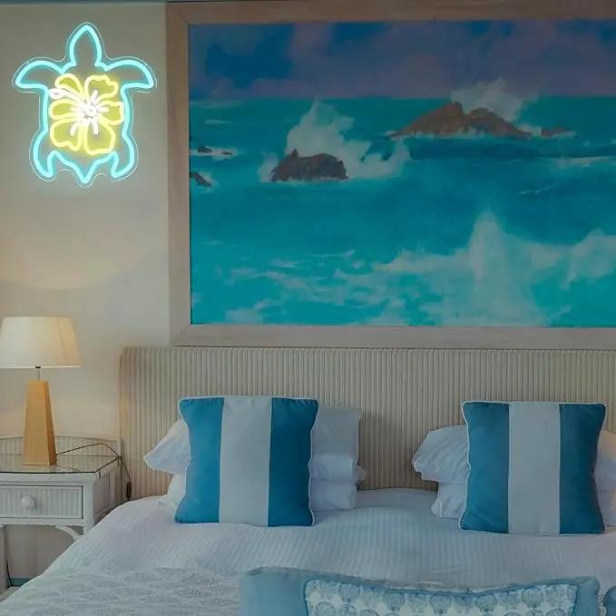 Sea Turtle Hibiscus Neon Signs for Wall Decor Blue Turtle Neon Light Yellow Flower LED Neon Wall Sign Ocean Neon Light Up Sign for Bedroom Living Room Office Decor Sea Turtle Gifts by GreenHaven Gardens