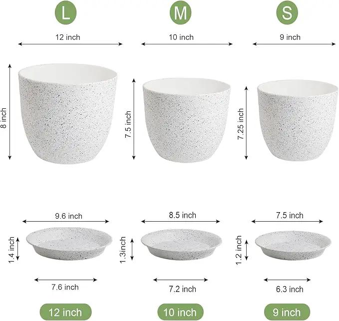 Large Flower Pots 12/10/9 inch, Set of 3 Modern Decorative Plastic Planters with Drainage Holes and Saucers for Garden House Plants, Plant Pots for Indoor Outdoor Plants, Speckled White by GreenHaven Gardens