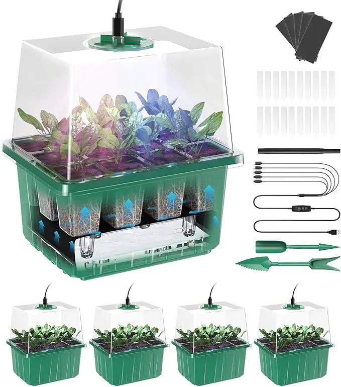 Seed Starter Tray, 60-Cells Seedling Starter Trays with Grow Light, Self-Watering Seed Germination Kit for Indoor Gardening Seed Starting (5 Pack, Green Base) by GreenHaven Gardens