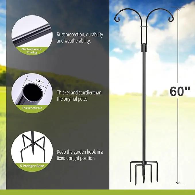 XDW-GIFTS Double Shepherds Hooks for Outdoor, 2-Pack Heavy Duty Garden Pole for Hanging Bird Feeder, Plant Baskets, Solar Light Lanterns, Garden Plant Hanger Stands with 5 Base Prongs by GreenHaven Gardens