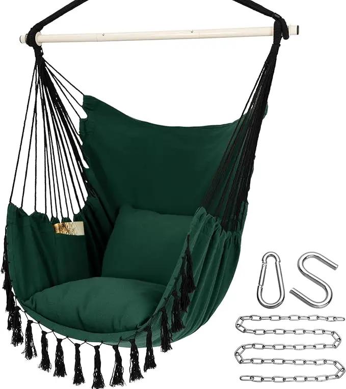 Y- STOP Hammock Chair Hanging Rope Swing, Max 500 Lbs, 2 Cushions Included, Large Macrame Hanging Chair with Pocket for Superior Comfort, with Hardware Kit, Green by GreenHaven Gardens