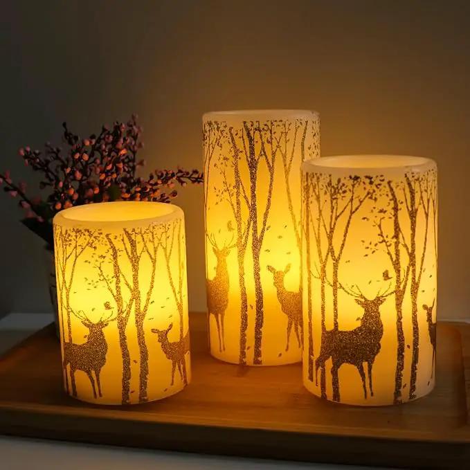 Gold Deer Flameless Candles with 6H Timer, Set of 3 Real Wax LED Flickering Candles, Christmas Pillar Candles with Gold Elk Decor for Home Party Decorations(H6 x D3) by GreenHaven Gardens