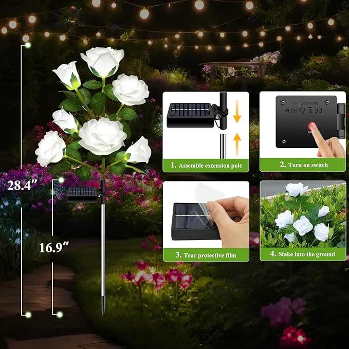 2 Pack Solar Garden Lights Outdoor, 7-Flower Rose LED Stake Light for Yard Patio Pathway Lawn Fence Cemetery, White by GreenHaven Gardens