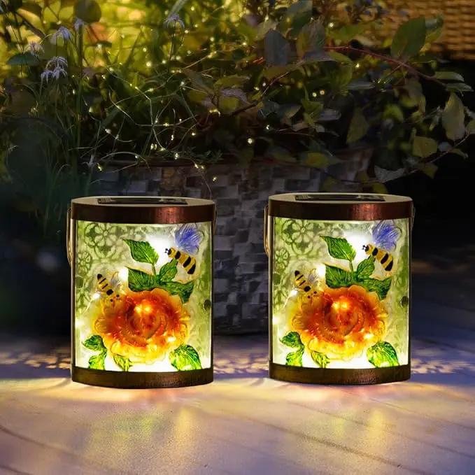 Starsoul 2 Pack Hanging Solar Lantern Outdoor Waterproof Glass Bee and Flowers Decorative Solar Lights for Outside Garden Yard Table Patio Decor by GreenHaven Gardens