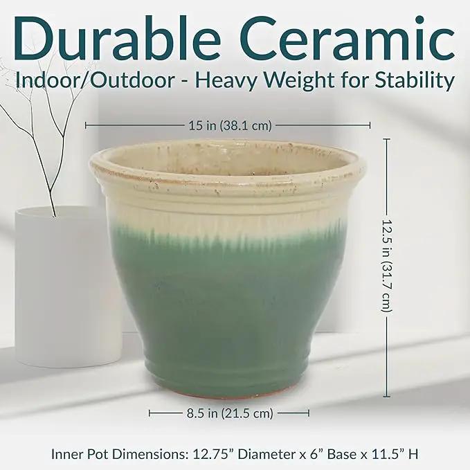Sunnydaze Studio Large Ceramic Plant Pot - Round Outdoor Glazed Ceramic Planter Pot with Drainage - Seafoam - 14.5" by GreenHaven Gardens