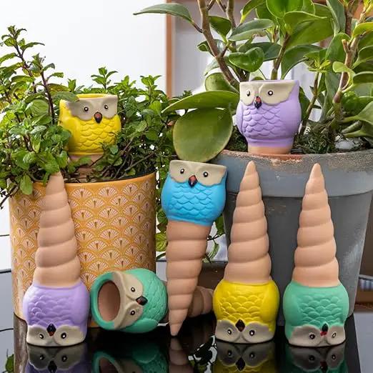4 Pack Terracotta Watering Spikes, Vacation Self-Watering Planters Devices - Continuous Moisture with Slow Release Watering System - Perfect for Indoor Outdoor Plants (Owl Shape) by GreenHaven Gardens