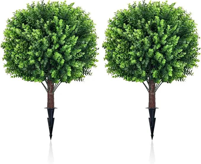 Artificial Topiary Tree with Eucalyptus, Set of 2 UV Resistant 17in Miniature Trees, Outdoor for Porch, Fake Bonsai Topiaries, Greenery Balls, Faux Shrubs for Planters, Curb Appeal Decor by GreenHaven Gardens