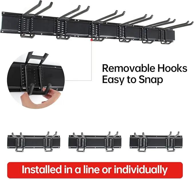 Garage Storage Rack Hooks, 48 Inch Heavy Duty Wall Mount Garage Organization with 3 Rails and 6 Adjustable Double Wall Hooks,Hanging Shelves for Garden Tool/Broom/Mop(Black) by GreenHaven Gardens
