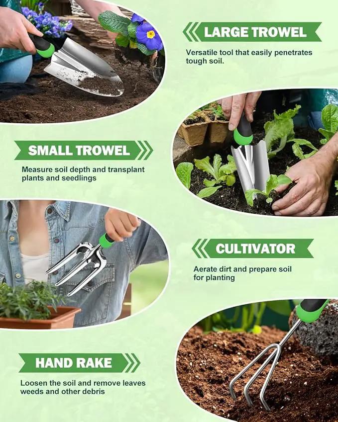 Garden Tools Set, 8 in 1 Heavy Duty Garden Tools Kit, Stainless Steel Ergonomic Gardening Hand Tool with Upgraded Bag, Gardening Supplies Gift for Women, Kid, Organizer by GreenHaven Gardens