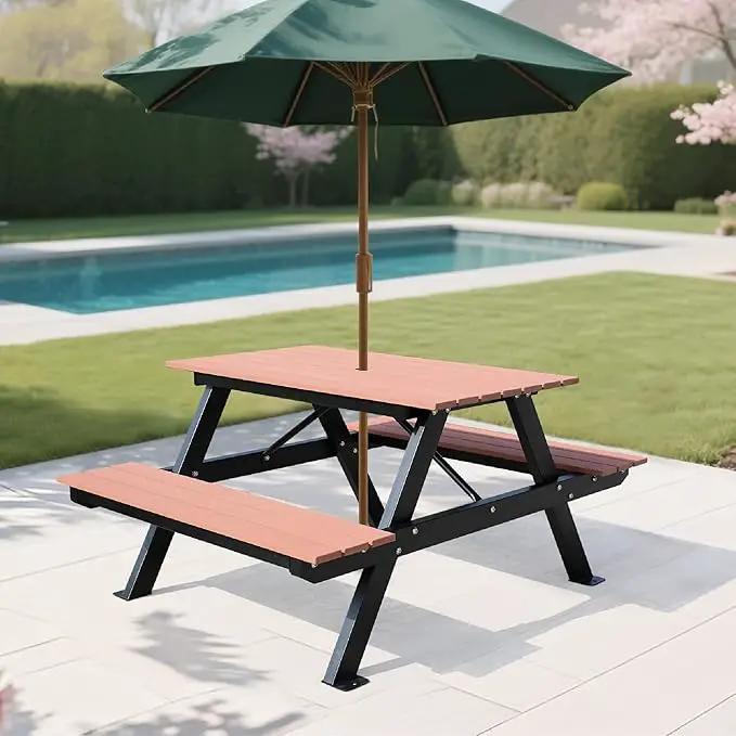 4FT Outdoor Picnic Table and Bench Set with 2" Umbrella Hole, WPC Tabletop Seattop Patio Dining Set for 4 People, Outdoor Dining Table and Chair for Park Garden Yard Patio- Brown by GreenHaven Gardens