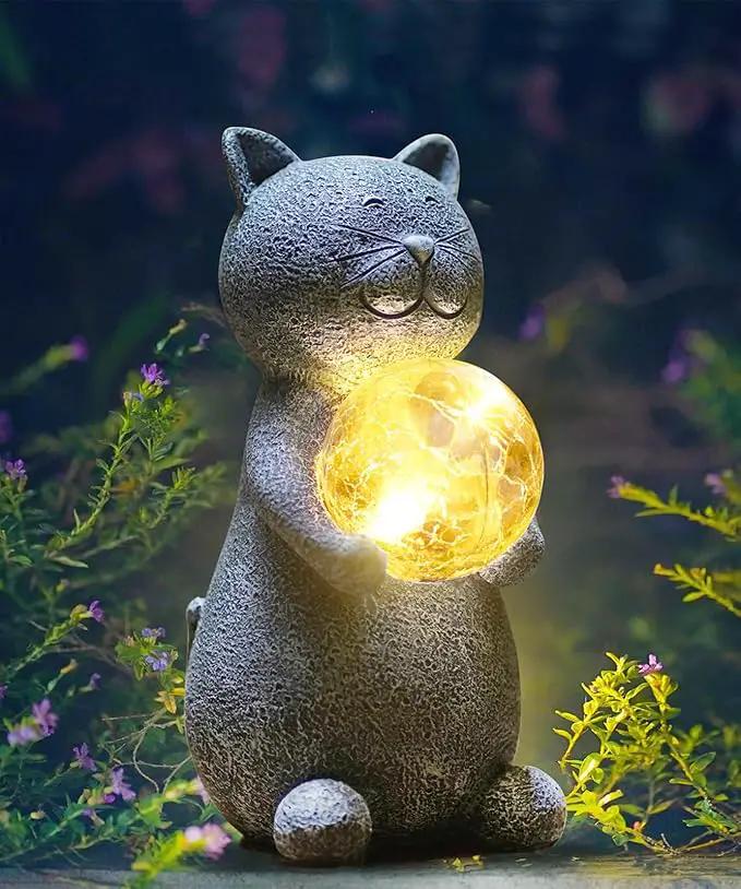 Solar Cat Statue - Garden Decor with LED Lights, Perfect for Mom or Grandma (Gray Cat) by GreenHaven Gardens