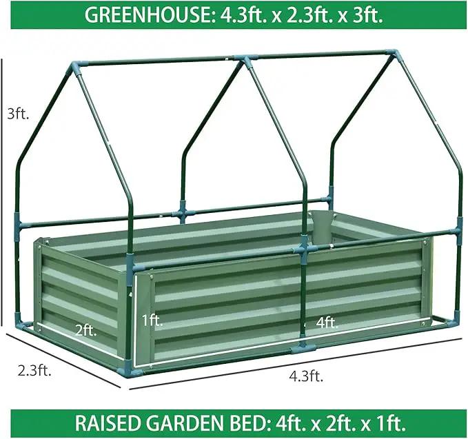 Aoodor 4 x 2 x 1 ft Raised Garden Metal Bed, Mini Greenhouse Kit with 2 Roll-up Zipper Doors, for Vegetables, Herbs and Flowers by GreenHaven Gardens