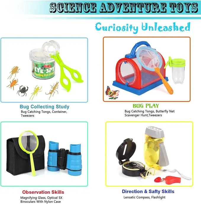 ESSENSON Outdoor Explorer Kit & Bug Catcher Kit with Binoculars, Compass, Magnifying Glass, Critter Case and Butterfly Net Great Toys Kids Gift for Boys & Girls Age 3-12 Year Old Camping Hiking by GreenHaven Gardens