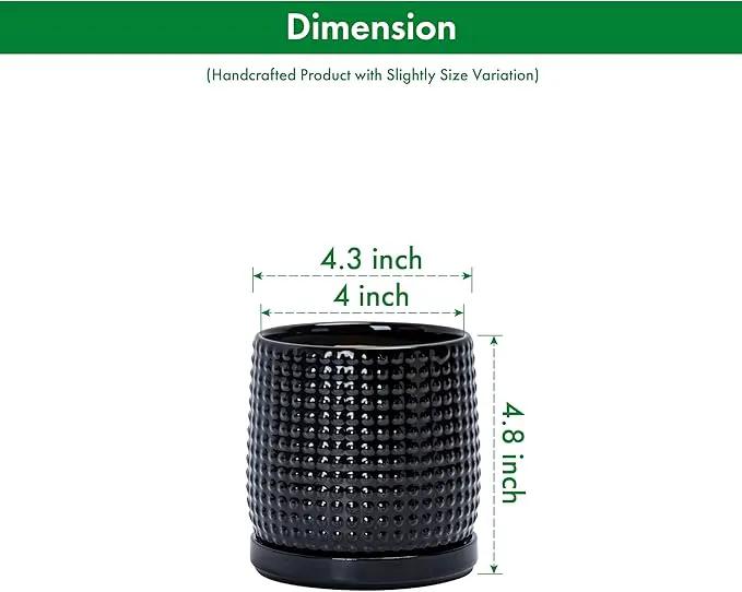 D'vine Dev Set of 2 Ceramic Plants Pots, 4 Inch Beaded Stoneware Flower Pot for Plants with Drainage Hole and Saucer, Glossy Black, 27-E-Z-2 by GreenHaven Gardens