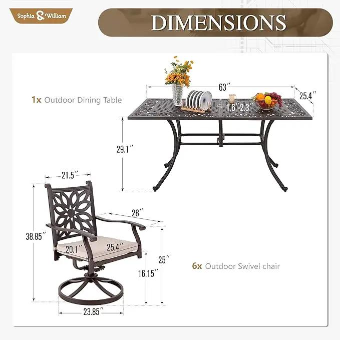 Sophia & William 7 Pieces Cast Aluminium Patio Dining Set for 6, Outdoor Swivel Rocking Chairs and Rectangular Table with 2.3" Umbrella Hole for Porch Backyard Deck, Bronze by GreenHaven Gardens
