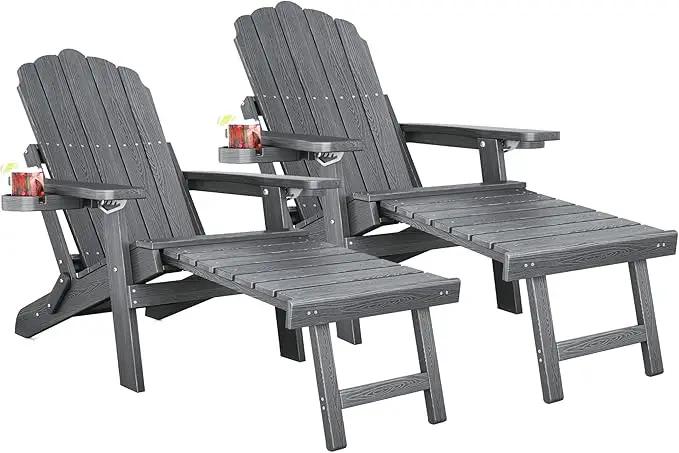 Folding Adirondack Chair Set of 2 with Adjustable Backrest, Adirondack Chair with Ottoman with 2 Cup Holders, for Outdoor Beach Garden Porch Lawn Pool Deck, Grey by GreenHaven Gardens