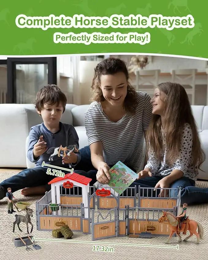 Horse Stable Playset, Horse Gifts for Girls and Boys with 3 Horses and 2 Riders, Horse Toys Set Farm Animals Toys for Kids 3 4 5 6 7 8+ (New Model), Green by GreenHaven Gardens