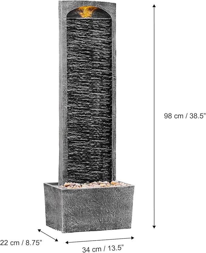 Teamson Home 38.5" Faux Slate Contemporary Outdoor LED Waterfall Fountain with Pebble Base, Gray/Black by GreenHaven Gardens