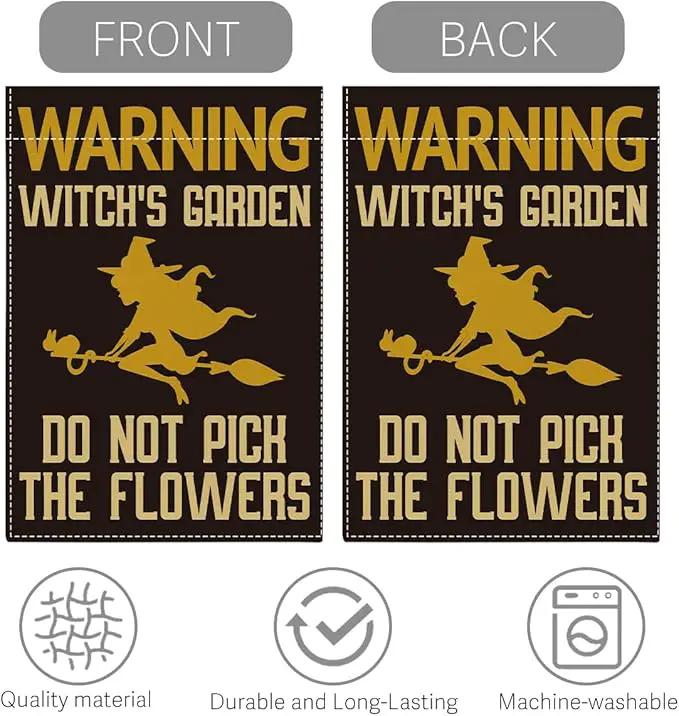 Witch's Funny Garden Flag Do Not Pick the Flowers Sign Plant Lover Gift Small Double Sided Burlap art Stained Glass Style Garden Flags 12 x 18 Inch for Outside by GreenHaven Gardens