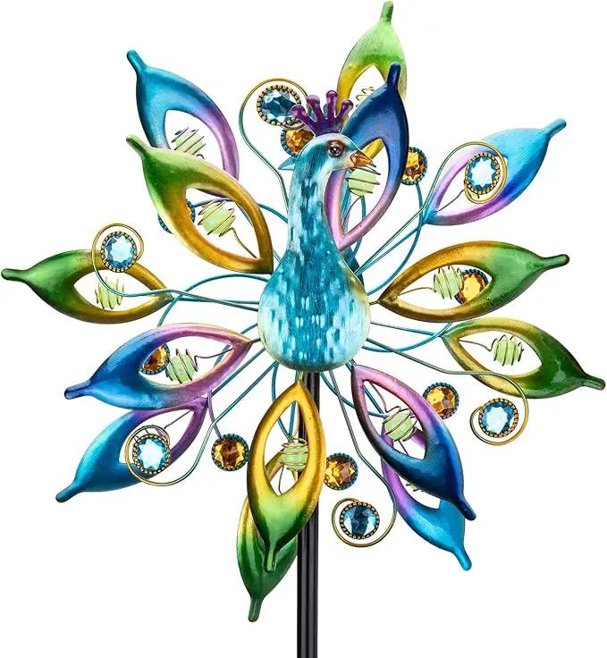 DREAMYSOUL 15.7" D*65”H Metal Peacock Wind Spinners Double Sided Kinetic Wind Sculptures Outdoor Metal Windmill for Garden Yard Decor by GreenHaven Gardens