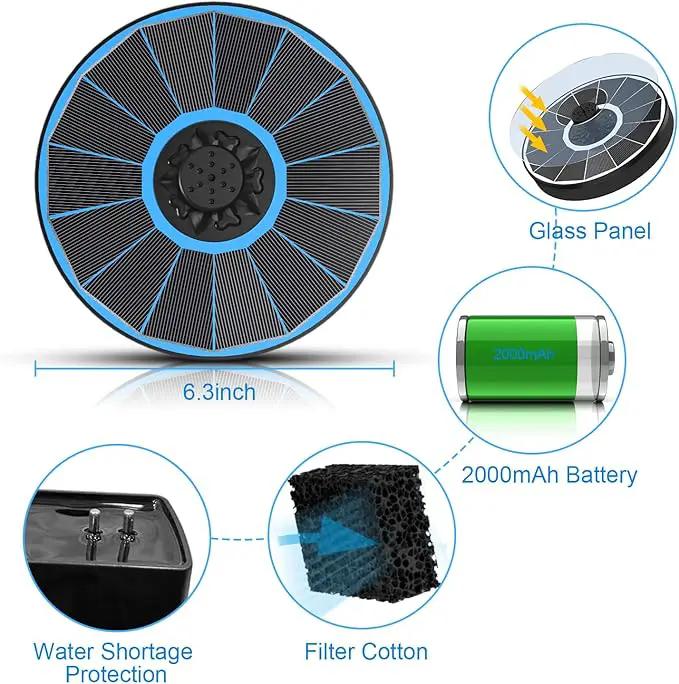 Solar Water Fountain with 2000 mAh Battery Backup Works in Cloudy, 3.5 W Glass Small Solar Fountain Pump with 7 Nozzles, Bird Bath Fountains Solar Power for Bird Bath, Hummingbird,Pond, Garden by GreenHaven Gardens