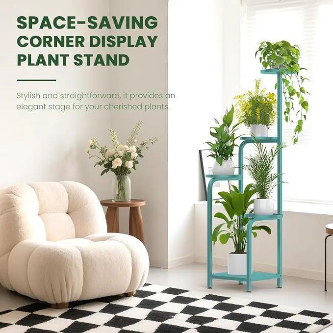 TOSKING 5 Tier Tall Plant Stand Indoor Outdoor, Heavy Duty Corner Shelf for Plants & Decor, Space Saving 3.9FT Metal Flower Pot Stand for Balcony, Garden, Living Room, Patio (Blue, 47in)