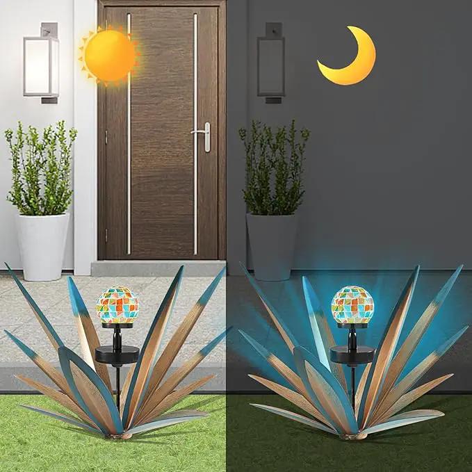 Enlarge Metal Plants Tequila Rustic Sculpture, Outdoor Patio Yard, Home Decor Hand Painted Agave Garden Statue, Outdoor Lawn Ornaments Yard Stakes for Mom Gift (2 Solar Blue) by GreenHaven Gardens