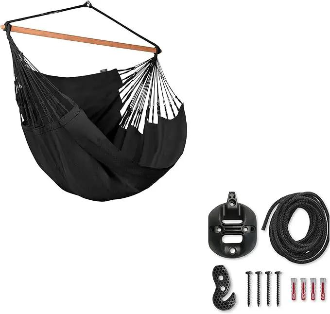 LA SIESTA® - XL King Habana Cotton Hammock Chair & CasaMount - Hanging Chair w/Suspension Kit for Walls Ceilings & Square Beams - Indoor Outdoor Swing Hanging Chair Bedroom Patio Balcony - Onyx by GreenHaven Gardens