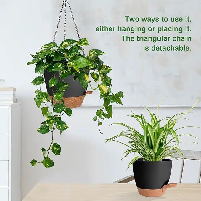 10/9/8 Inch Hanging Planter for Indoor Outdoor Plants, 3 Pack Self-Watering Hanging Pot with Drainage Holes Hanging Planter Baskets Plant Pots with Removable Tray (Black+Brown) by GreenHaven Gardens