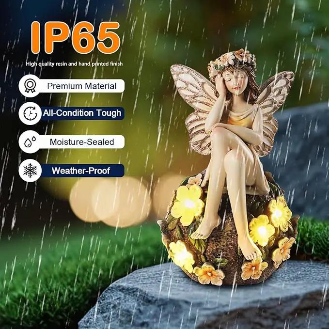 Solar Fairy Statue Sitting on The Flower Ball Light 6.8" Angel Statues for Garden Yard Patio Porch Lawn Decor Resin Fairy Figurine Outdoor Waterproof Angel Gifts for Women Mom Sister by GreenHaven Gardens
