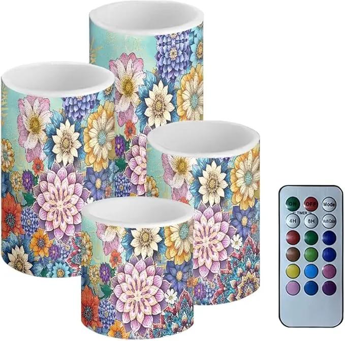 Flameless LED Candles Electric Candles with Remote Timer Control Long Lasting Pillar Candles Tealights Bohemian Style Home Outdoor Decoration Pack of 4, Boho Flower Purple Blue by GreenHaven Gardens
