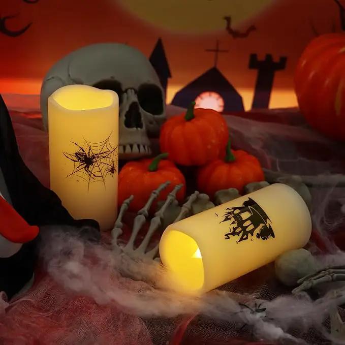 Halloween Outdoor Battery Operated Flameless Pillar Candles with Auto Daily Timer Waterproof Realistic Flickering Electric LED Lights with Spider Castle Decals Halloween Decorations 2 Pack 3X6” by GreenHaven Gardens