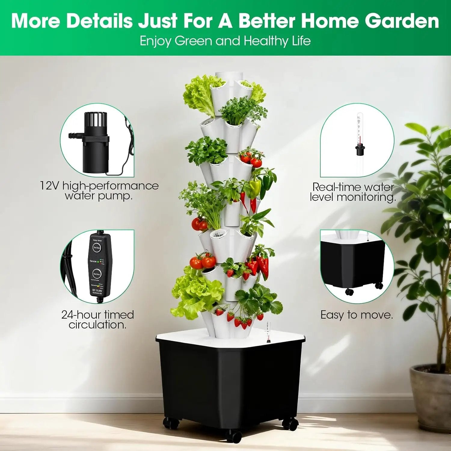 Vertical Hydroponic Tower,7Layer 35 Pods Tower Garden Growing System with 12V Water Pump& 24h Smart Timer,BPA-Free Modular Indoor/Outdoor for Hydroponic Gardening Lovers Planting Vegetables by GreenHaven Gardens