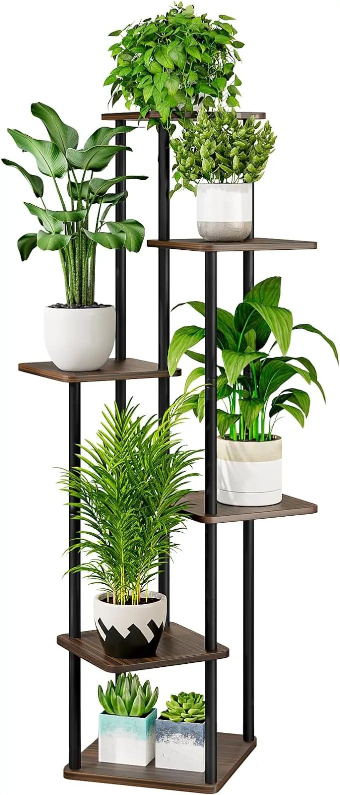 AZERPIAN Plant Stand 6 Tier Indoor Metal Flower Shelf for Multiple Plants Corner Tall Flower Holders for Patio Garden Living Room Balcony Bedroom, Black Oak by GreenHaven Gardens