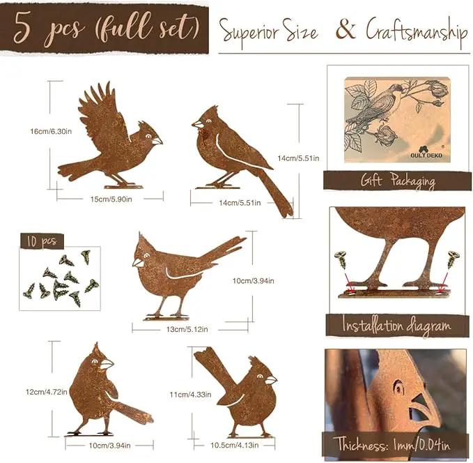 5PCS Rusty Birds Decoration, Fence Decorations Outdoor, Metal Birds Yard Decor Perfect Yard Art and Large Outdoor Ornaments, Cardinal Gifts by GreenHaven Gardens