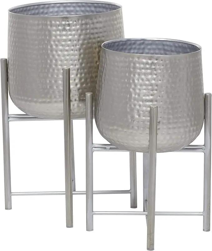 CosmoLiving by Cosmopolitan Metal Indoor Outdoor Planter Hammered Large Planter Pot with X-Shaped Stands, Set of 2 Planters 19", 16"H, Silver by GreenHaven Gardens