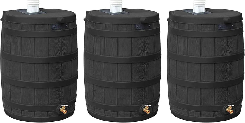 Good Ideas Rain Wizard 50 Gallon Plastic Outdoor Home Rain Barrel Water Storage Collector with Brass Spigot and Flat Back Design, Black (3 Pack) by GreenHaven Gardens