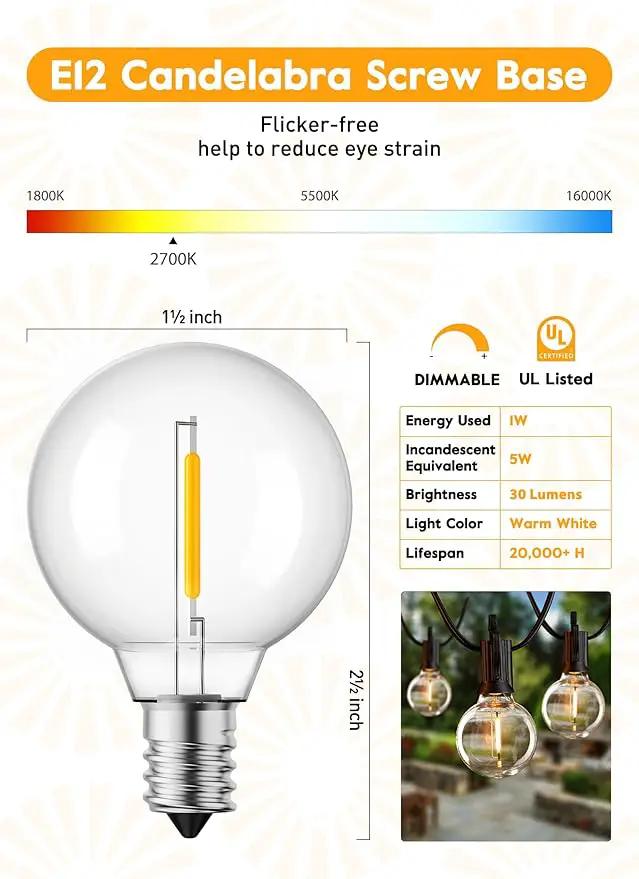 Brightown G40 Replacement LED Light Bulbs, 25 Pack Clear Globe Bulb fits E12 C7 Candelabra Screw Base Sockets, 1.5 Inch Dimmable Edison Light Bulbs for Indoor Outdoor Patio Decor, Warm White by GreenHaven Gardens