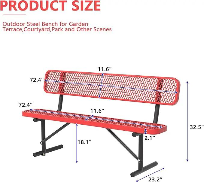 Heavy Duty Park Bench with Back Portable Frame, Outdoor Steel Bench with Backrest, Red Metal Bench Seat Expanded Metal Mesh Bench for Lawn, Park, Deck, Garden, Patio, Porch, Black (Red, 6FT) by GreenHaven Gardens
