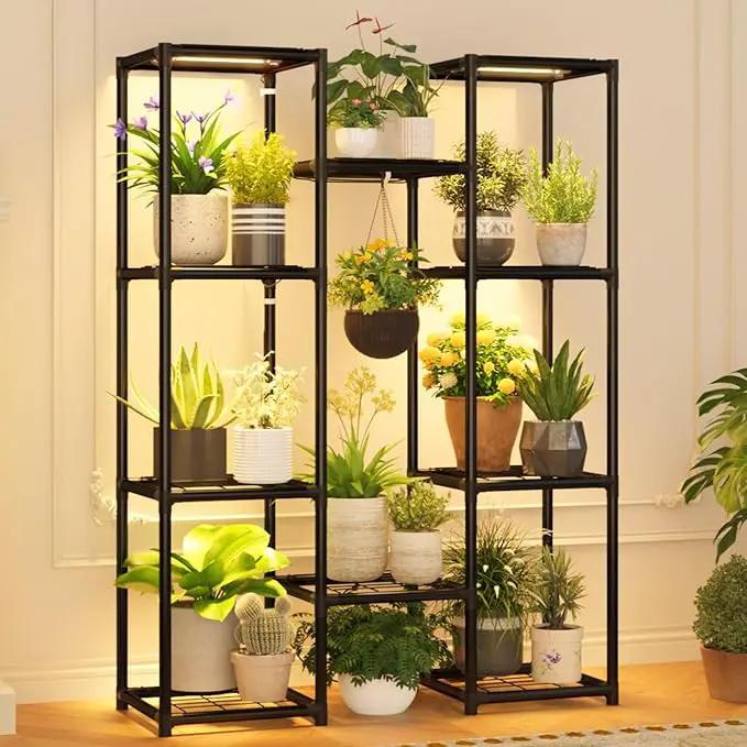 Plant Stand With Grow Lights Plant Stand Indoor Plant Shelf Metal Plant Rack Plant Holder Flower Pot Stand for Multiple Plants for Living Room Patio Balcony Garden Porch Black by GreenHaven Gardens