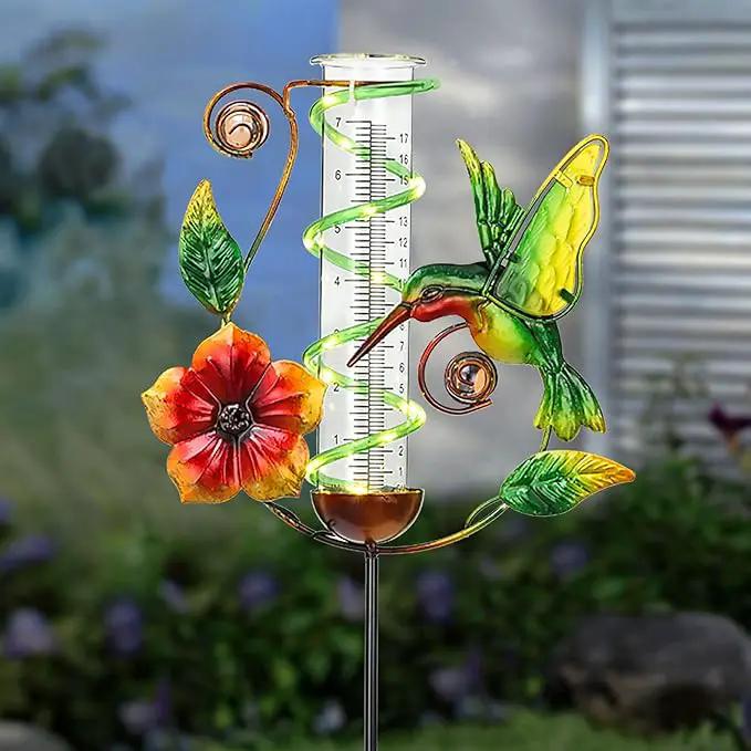 BAYN 36.3” Rain Gauge Outdoor Solar Powered 10 LEDs 7” Tube Garden Hummingbird Metal Decorative Stake with Waterproof Large Glass Tube Rain Guage for Yard, Garden, Patio, Lawn by GreenHaven Gardens