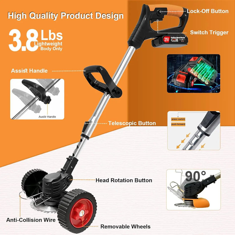 Electric Weed Wacker Eater Cordless, Weed Wacker Battery Powered, Weed Trimmer with 2 21V/2Ah Battery Operated & 15 Blades & Wheels, No-String Grass Trimmer/Brush Cutter/Edger for Garden Yard by GreenHaven Gardens