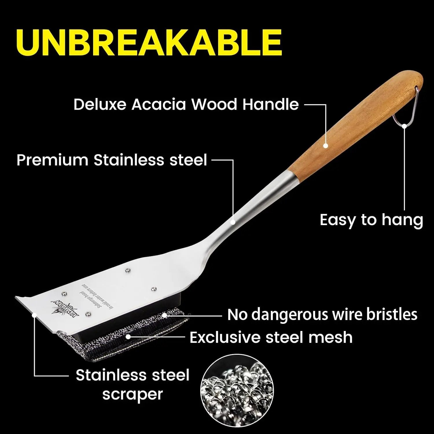 18” Steam Grill Brush Bristle Free,with Extended Luxurious Acacia Wood Handle,Safe Grill Cleaner for Outdoor Grill,Replaceable Head Grill Scraper Tool,BBQ Accessories,Gifts for Men/Dad by GreenHaven Gardens