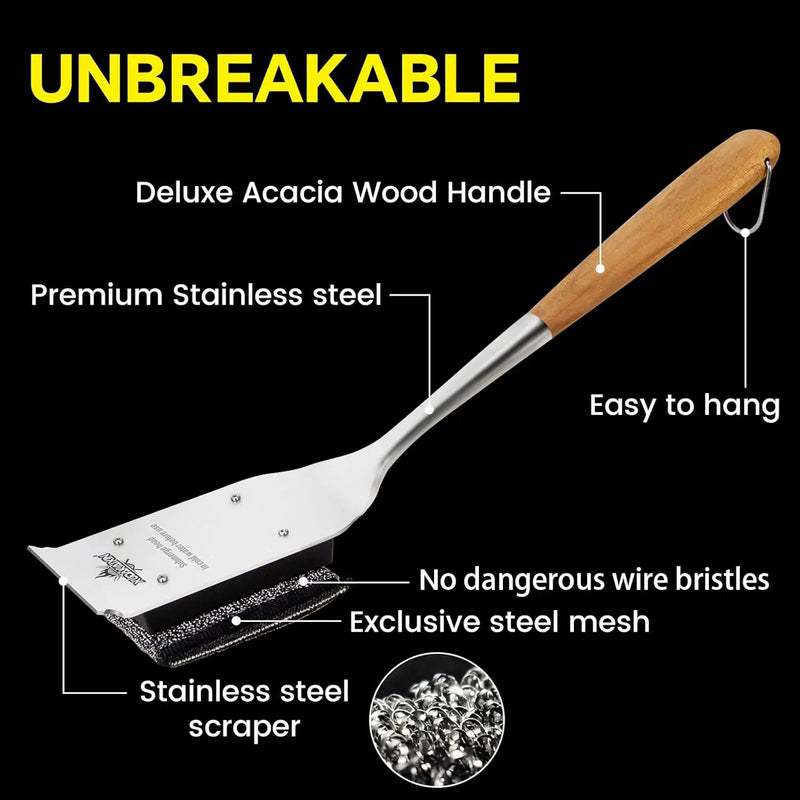 18” Steam Grill Brush Bristle Free,with Extended Luxurious Acacia Wood Handle,Safe Grill Cleaner for Outdoor Grill,Replaceable Head Grill Scraper Tool,BBQ Accessories,Gifts for Men/Dad by GreenHaven Gardens