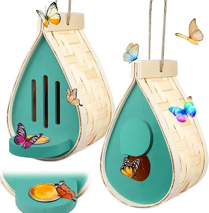 2 Pcs Butterfly House and Feeder, Wooden Hanging Butterfly House for Garden, Natural Butterfly Habitat with Butterfly Puddler for Bugs, Butterflies, Moths, Lacewings by GreenHaven Gardens